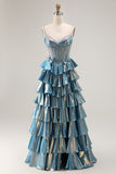Tiered Corset A Line Metallic Blue Bowed Prom Dress