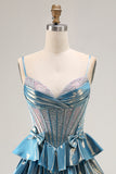 Tiered Corset A Line Metallic Blue Bowed Prom Dress