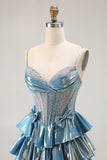 Tiered Corset A Line Metallic Blue Bowed Prom Dress