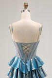 Tiered Corset A Line Metallic Blue Bowed Prom Dress