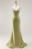 Green Mermiad Satin Corset Prom Dress with Rhinestones