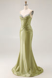 Green Mermiad Satin Corset Prom Dress with Rhinestones