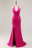 Fuchsia Halter Mermaid Ruched Prom Dress