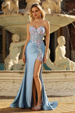 Strapless Corset Appliqued Mermiad Grey Blue Prom Dress