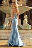 Strapless Corset Appliqued Mermiad Grey Blue Prom Dress