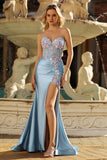 Grey Blue Strapless Corset Mermiad Prom Dress with Appliques