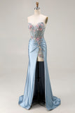 Strapless Corset Appliqued Mermiad Grey Blue Prom Dress