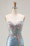 Strapless Corset Appliqued Mermiad Grey Blue Prom Dress