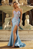 Grey Blue Strapless Corset Mermiad Prom Dress with Appliques