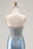 Strapless Corset Appliqued Mermiad Grey Blue Prom Dress