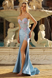 Grey Blue Strapless Corset Mermiad Prom Dress with Appliques