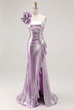 One Shoulder Light Purple Mermiad Ruffled Prom Dress
