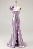 One Shoulder Light Purple Mermiad Ruffled Prom Dress