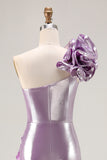 One Shoulder Light Purple Mermiad Ruffled Prom Dress