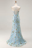 Lake Blue Appliqued Spaghetti Straps Mermaid Prom Dress