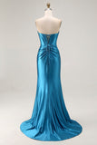 Mermaid Strapless Beaded Corset Royal Blue Prom Dress