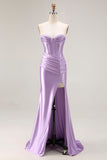 Mermaid Corset Strapless Ruched Purple Prom Dress