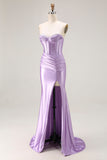 Mermaid Corset Strapless Ruched Purple Prom Dress