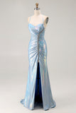 Light Blue Mermaid Ruched Beaded Prom Dress