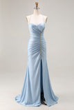 Mermaid Light Blue Beaded Spaghetti Straps Prom Dress
