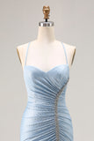 Mermaid Light Blue Beaded Spaghetti Straps Prom Dress