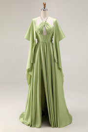 Halter Cut Out A Line Sage Green Prom Dress with Cape
