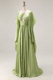 Halter Cut Out A Line Sage Green Prom Dress with Cape