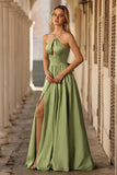 Sage Green Halter Cut Out A Line Corset Prom Dress
