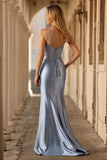 Grey Blue Corset Satin Mermaid Prom Dress