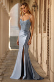 Mermaid Corset Satin Grey Blue Beaded Prom Dress