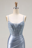 Grey Blue Corset Satin Mermaid Prom Dress