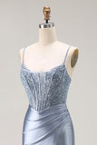 Grey Blue Corset Satin Mermaid Prom Dress