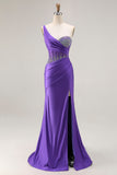 One Shoulder Dark Purple Mermaid Corset Beaded Prom Dress