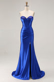 Royal Blue Strapless Beaded Mermaid Corset Prom Dress