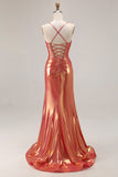 Spaghetti Straps Ruched Mermaid Orange Prom Dress