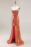 Spaghetti Straps Ruched Mermaid Orange Prom Dress