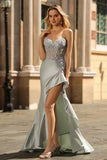 Strapless Appliqued Corset Ruffled Dusty Sage Prom Dress
