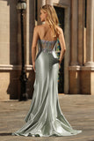 Strapless Appliqued Corset Ruffled Dusty Sage Prom Dress