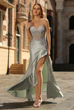 Strapless Dusty Sage Corset Ruffled Prom Dress with Appliques