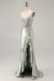 Strapless Appliqued Corset Ruffled Dusty Sage Prom Dress