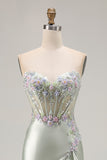 Strapless Appliqued Corset Ruffled Dusty Sage Prom Dress