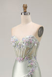 Strapless Appliqued Corset Ruffled Dusty Sage Prom Dress