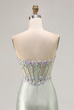 Strapless Appliqued Corset Ruffled Dusty Sage Prom Dress