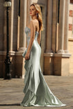 Strapless Dusty Sage Corset Ruffled Prom Dress with Appliques