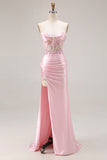 Strapless Pink Corset Appliqued Satin Prom Dress