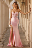 Strapless Pink Corset Appliqued Satin Prom Dress