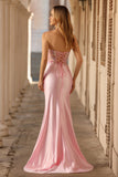 Strapless Pink Corset Appliqued Satin Prom Dress
