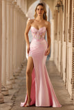 Pink Strapless Corset Appliqued Sequin Prom Dress