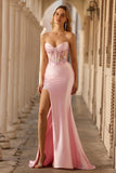 Pink Strapless Corset Appliqued Sequin Prom Dress