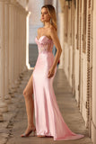 Pink Strapless Corset Appliqued Sequin Prom Dress